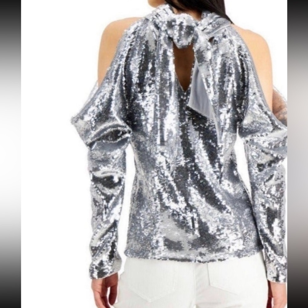 Inc Long Sleeve Silver Sequin Cold Shoulder Top NWT Sz XL $99.50. NYE! - Picture 2 of 8
